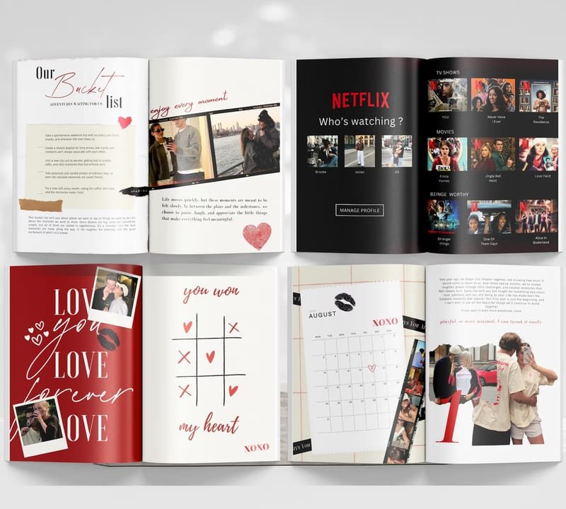 Cuatro dobles páginas de ejemplo: una lista de planes, una página tipo «¿Quién está viendo?», un «Love you» con fotos y un calendario